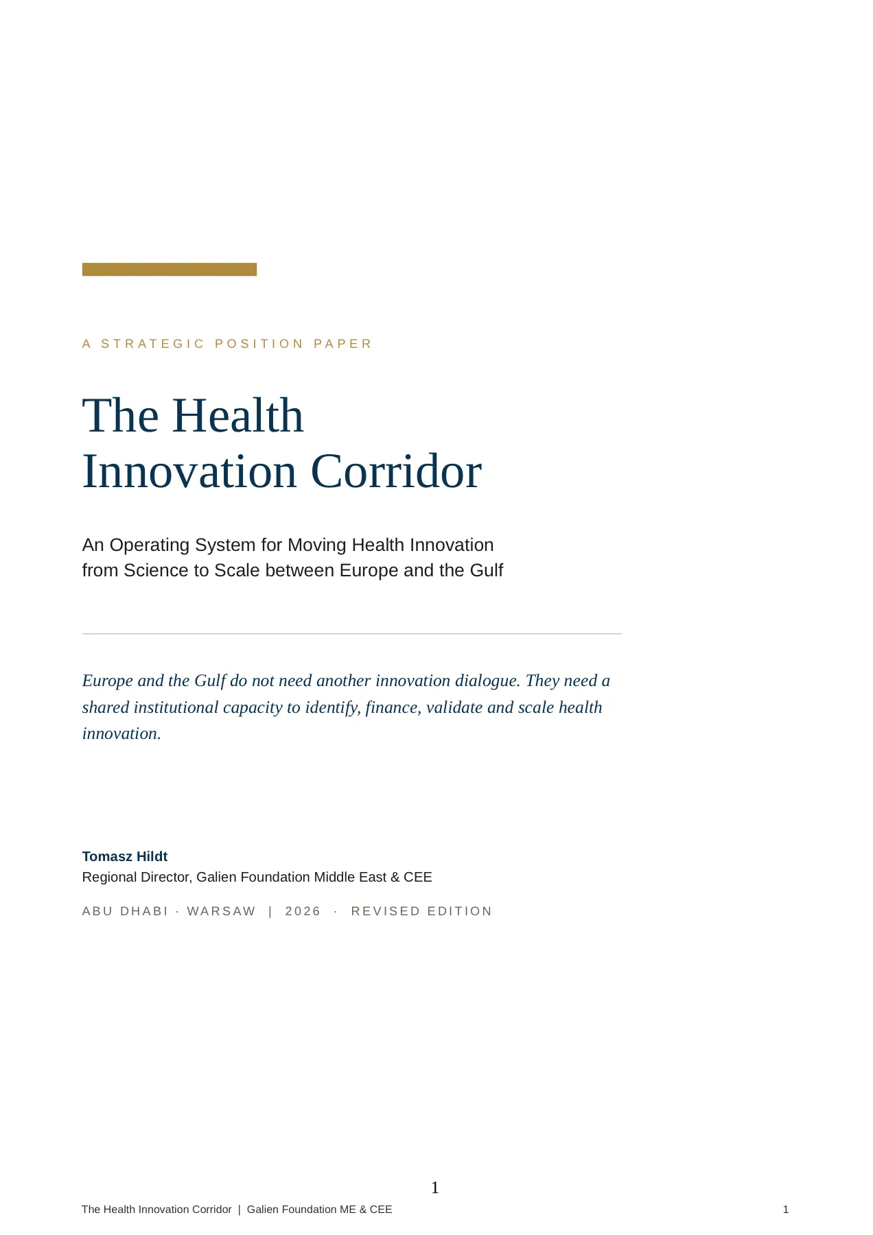 Cover of The Health Innovation Corridor, a strategic position paper by Tomasz Hildt